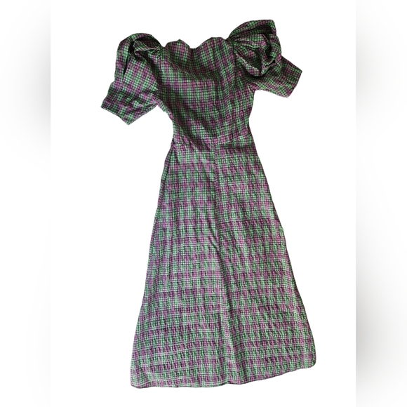 ZARA Pink & Green Plaid Seersucker Puff Sleeve Midi Dress | SZ XS - Picture 4 of 15